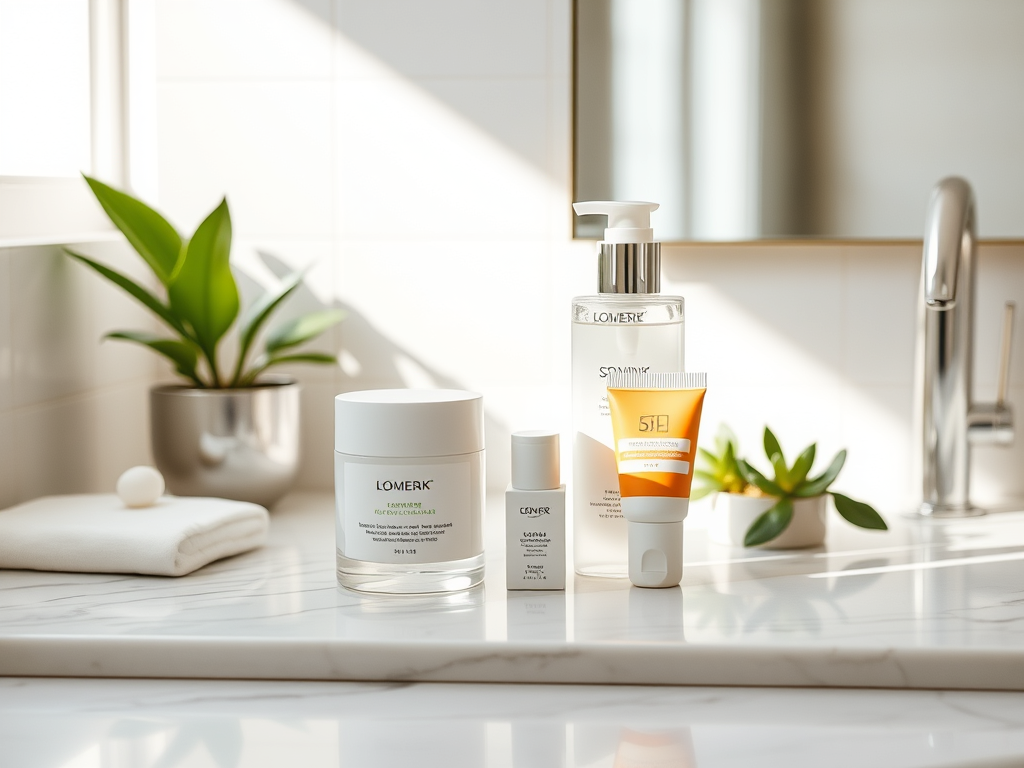 Simple skincare products on a clean white bathroom counter in natural light, representing a minimalist and effective simple skincare routine.