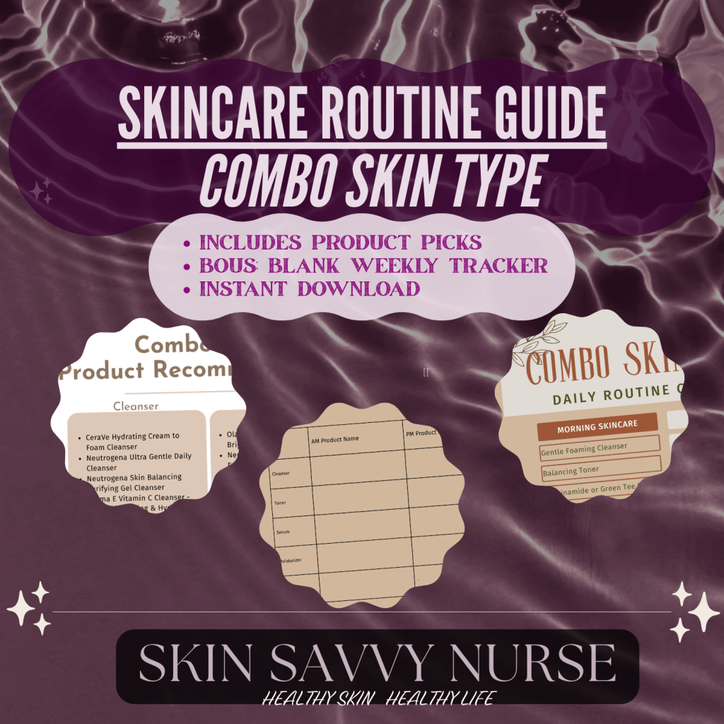 "Moody skincare-themed background with black overlay, showing text 'Skincare Routine Guide – Combination Skin' and a sneak peek of the downloadable guide and tracker."