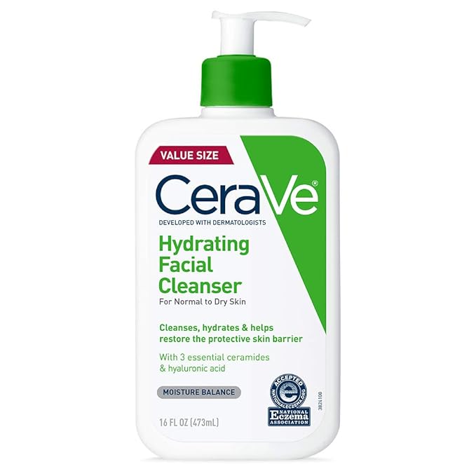 CeraVe Hydrating Cleanser bottle for dry and sensitive skin with ceramides and hyaluronic acid