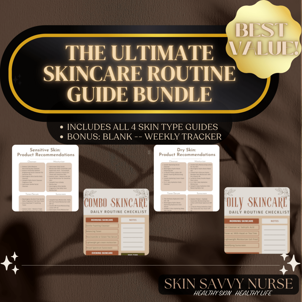 "Dark luxury flatlay with text overlay 'The Ultimate Skincare Routine Guide Bundle', includes 4 printable skin type guides with tracker previews and ‘best value’ badge."