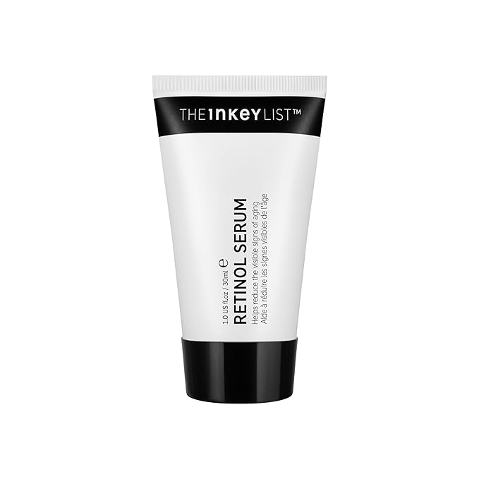 The INKEY List Retinol Serum in a black and white tube, designed to reduce fine lines and boost skin renewal